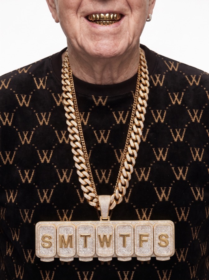 Iced-out pill organizer pendant on a Cuban link chain