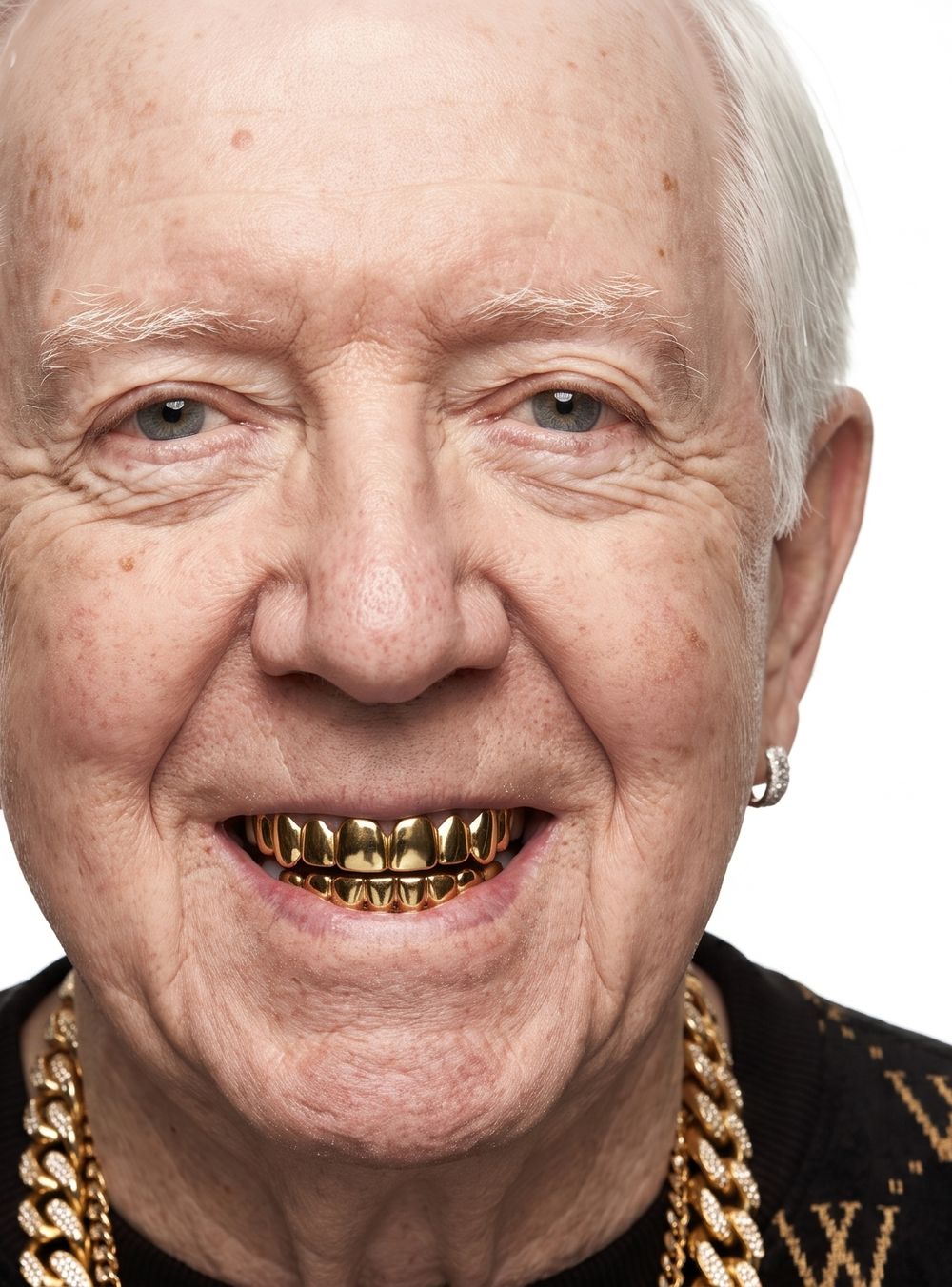 Grandpa Drip, white hair, gold grill, Cuban link chain